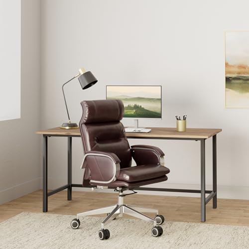 Genuine Leather Modern Executive Chair High-Back Support 90 to 150 Degrees Tilt and Upholstered Home Desk Chair with Base 360LB Capacity Swivel Computer Office Chair (Brown) - color: Brown