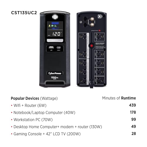 CyberPower CST135UC2-R Line‑Interactive UPS Battery Backup and Surge Protector, 1350VA/810W, AVR, 10 Outlets, USB‑C & USB‑A Charging, LCD Display, UL Certified (Renewed)