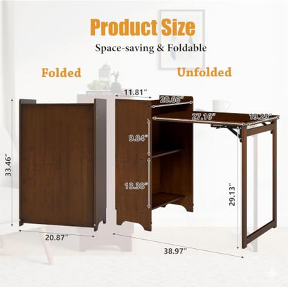tonchean Bamboo Folding Desk with Storage Bookshelf for Small Spaces, Brown