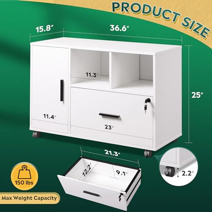 DEVAISE Office File Cabinet with Lock, 1-Drawer Wood Lateral Filing Cabinet on Wheels, Printer Stand with Open Storage Shelves for Home Office, White - color: White, style: Modern