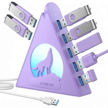 USB 3.0 Hub 7 Port, Vertical USB Splitter with RGB Lighting, 5Gbps High-Speed Data Transfer, 2FT Extension Cable, Tower USB Hub for PC, Laptop, MacBook, PS5, Xbox, Flash Drive, Printer (Light Purple) - color: Light purple