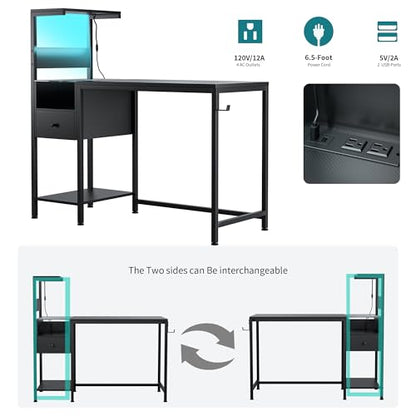 Computer Desk with Power Outlet and USB Charging Station, Space-Saving Study Writing Table with Storage Shelves, PC Laptop Workstation for Home Office Bedroom (Black) - color: Black