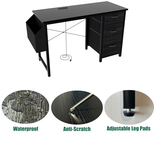 47.3" Office Desk with Power Outlet & 3 Drawers - Sturdy Reversible Frame, Side Pocket, Easy Assembly - Home/Office Computer Desk, Gaming Table, Vanity Table (Black + MDF+Metal + Modern) - color: Black + Mdf+metal + Modern