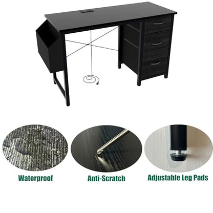 47.3" Office Desk with Power Outlet & 3 Drawers - Sturdy Reversible Frame, Side Pocket, Easy Assembly - Home/Office Computer Desk, Gaming Table, Vanity Table (Black + MDF+Metal + Modern) - color: Black + Mdf+metal + Modern