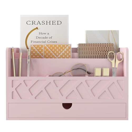 Wisuce Bamboo Mail Organizer with Drawer, Countertop Desk Organizer (Pink) | Made from Natural Bamboo Multi-Compartment Design Built-In Drawer No Assembly Required - color: Pink
