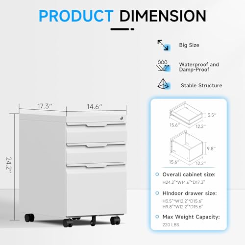3 Drawer Mobile File Cabinet with Lock, Rolling File Cabinet with Wheels - color: White, size: 3 Drawer