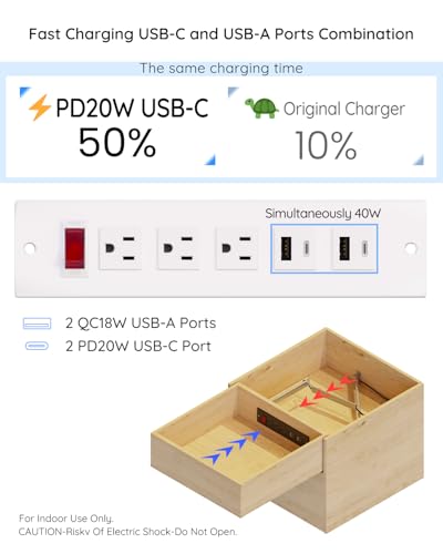 Drawer Outlet Charger Station with Cable Management Arm, White | USB C PD20W Fast Charger, Under Cabinet Desk Drawer, Power Outlet - color: White