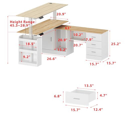MOUMON L Shaped Standing Desk with Drawers and Shelves, Executive Adjustable Height Desk, L-Shaped Design, 63 inch Tabletop, for Office Oak and White (63”W x 63”D x 28.9-45.3”H) - color: Oak and White, size: 63”W x 63”D x 28.9-45.3”H