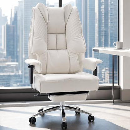 EXCEBET Big and Tall Executive Office Chair 400lbs Wide Seat, PU White | Wide seat, Retractable footrest, 135° recline, Lumbar support, PU leather, Ergonomic high back for lower back pain relief - color: White