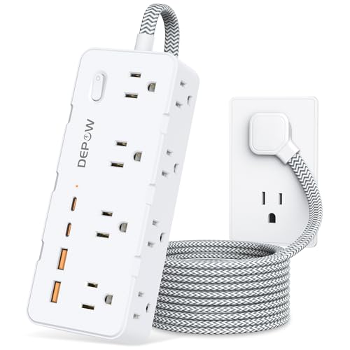 DEPOW Surge Protector Power Strip with 8 Outlets 4 USB Ports (2 USB C),5 FT | Space-Saving Flat Plug, 1625/13A, Braided Cord, 1700J, Widely Spaced Outlets, Perfect for Home Office, Dorm, Nightstand,White - color: White, size: 5 ft (3 prong plug)