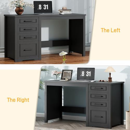 Vabches Farmhouse 49” Executive Desk with File Drawer, Black | 4 Drawers Reversible Computer Desk with Storage, Rustic Home Writing Workstation for Home Office - color: 49in Black
