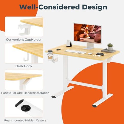 32''Pneumatic Standing Desk,Onepiece Adjustable Height Home Office | Maple 31.5''x19.7'' Small Home Desk Rolling Computer Workstation with Hooks & Cup Holder,Hidden Casters - color: Maple, size: 3220