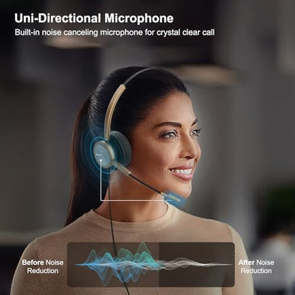 Wired Gold USB Headset with Noise-Canceling Microphone for PC, Lightweight Office USB Headphones for Call Center Office Remote Work, for Teams Zoom 3CX WebEx Calls, E-Learning & Dictation