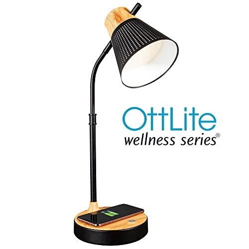 OttLite LED Table Lamp with Wireless Charging and USB, Black with Wood | ClearSun LEDs Reduce Eyestrain | 3 Color Temperature Modes | Movable Pivoting Shade | Extends 21"-25" Tall - color: Brown