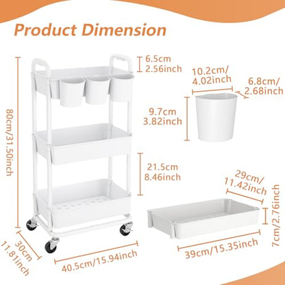 3-Tier Plastic Rolling Storage Cart Utility Cart with Extra Hanging Cups Handles Lockable Wheels for Living Room Bathroom Kitchen Office White | Utility Cart with Extra Hanging Cups Arc-Shaped Handles Lockable Wheels for Living Room Bathroom Kitchen Offic