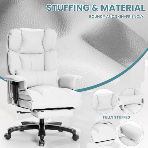Big and Tall Office Chair with Foot Rest,Heavy Duty Office Chair(White) | PU Leather High Back Wide Desk Chair, Comfortable Executive Office Chair, 135° Reclining, Adjustable Padded Armrests - color: White