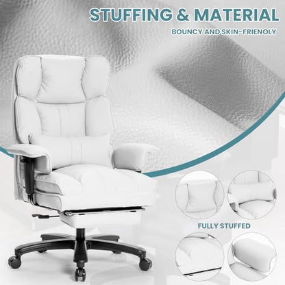 Big and Tall Office Chair with Foot Rest,Heavy Duty Office Chair(White) | PU Leather High Back Wide Desk Chair, Comfortable Executive Office Chair, 135° Reclining, Adjustable Padded Armrests - color: White