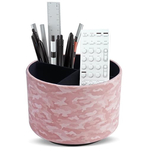 Round Leather Art Supply Organizer,Remote Control Holder,360 Degree Rotating,Multi-Functional Pencil Holder,4 Compartments Desktop Stationary Organizer(1-Camouflage Pink) - color: 1-Camouflage Pink