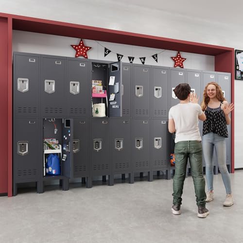 BUTISOW Metal Storage Locker with Lock & Card Slot Locker - Secure Lockable Door - Steel Locker for School, Office, Gym, Home - 66.15" H x 11.8" W x 11.8" D（2 Door, Grey） - color: Grey, size: 2 Door - (66.15" H x 11.8" W x 11.8" D)