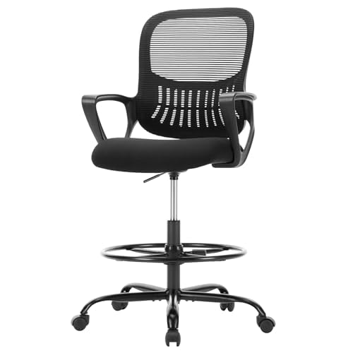 Sweetcrispy Ergonomic Tall Drafting Chair, High Office Desk Chair | Comfy Lumbar Support, Adjustable Height, Footrest, Fixed Arms, Counter, Dark Black - color: Dark Black, size: 45 inches (H) x 23.62 inches (W) x 24.2 inches (L)