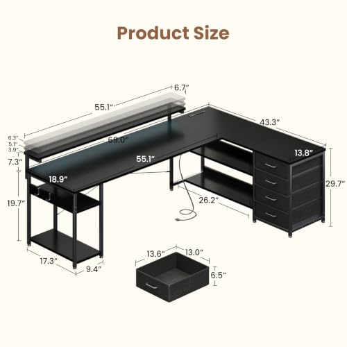 AODK 69" L Shaped Computer Desk with 4 Drawers, LED Lights, Black - color: Black, size: 69 inches