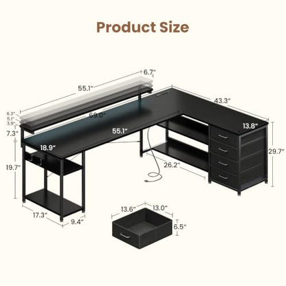 AODK 69" L Shaped Computer Desk with 4 Drawers, LED Lights, Black - color: Black, size: 69 inches