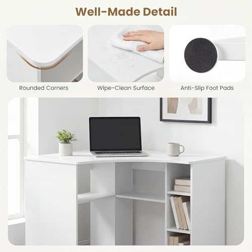 GOFLAME White Corner Desk with Charging Station, Small Corner Desk with Storage Shelves, Triangle Computer Desk, Study Writing Table for Home Office, Small Spaces
