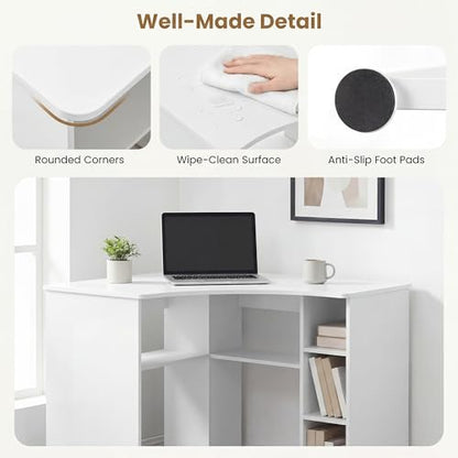 GOFLAME White Corner Desk with Charging Station, Small Corner Desk with Storage Shelves, Triangle Computer Desk, Study Writing Table for Home Office, Small Spaces