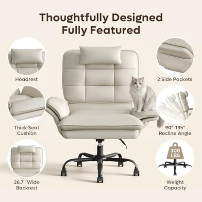 Bestier Cross Legged Office Chair with Headrest PU Leather Beige | Criss Cross Chair with Adjustable Arms 135° Reclining Executive Chair Big and Tall Computer Desk Chair for Home - color: Beige Pu Leather, size: High Back