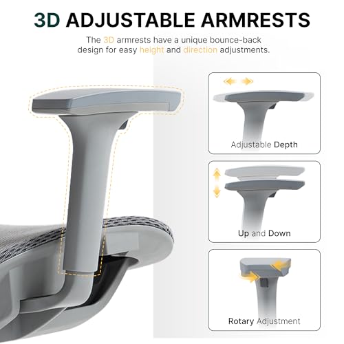 Ergonomic Mesh Office Chair, 3D Adjustable Armrests Desk Chair with 360° Swivel Silent Casters, 90°-120° Reclining Backrest Adjustable Gaming Chair for Home Office - color: Grey, style: Americana