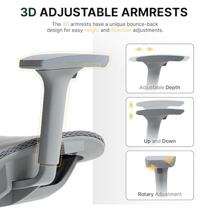 Ergonomic Mesh Office Chair, 3D Adjustable Armrests Desk Chair with 360° Swivel Silent Casters, 90°-120° Reclining Backrest Adjustable Gaming Chair for Home Office - color: Grey, style: Americana