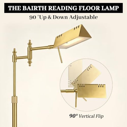 Bairth Antique Brass Reading Floor Lamp,Rotatable Pharmacy Standing Lamp | 90°Rotatable Lamp Head 3 Color Temperature, Dimmable, 17W LED, Height Adjustable, 360°Swing Arm, Living Room, Bedroom, Craft - color: Antique Brass Upgraded