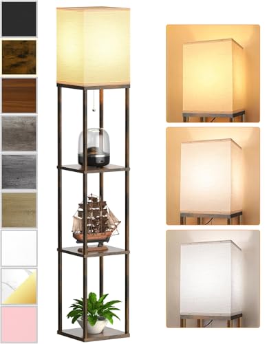 Floor Lamp with Shelves for Living Room Brown, Shelf Floor Lamp with 3 CCT LED Bulb, Corner Display Standing Column Lamp Etagere Organizer Tower Nightstand with White Linen Shade for Bedroom - color: Rustic Brown