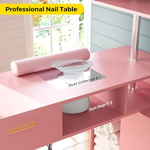 Kikihouse Manicure Table Nail Desk with Stool, L-Shaped Nail Tech Desk with Dust Collector, Two-Way Drawer, Cabinet & Storage Shelves, Rotating Reversible Manicure Workstation on Wheels (Pink) - color: Pink