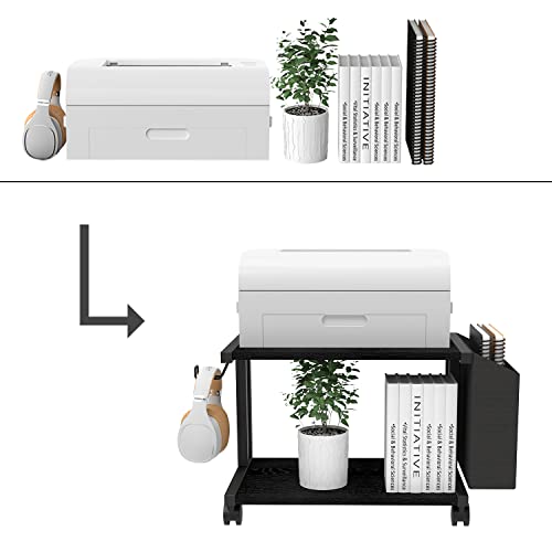 VEDECASA 2 Tier Black Printer Stand with Storage Bag for Home Office Desktop Printer Table Underdesk Organizer Mobile Printer Shelf with Caster Wheel (Black) - color: Black
