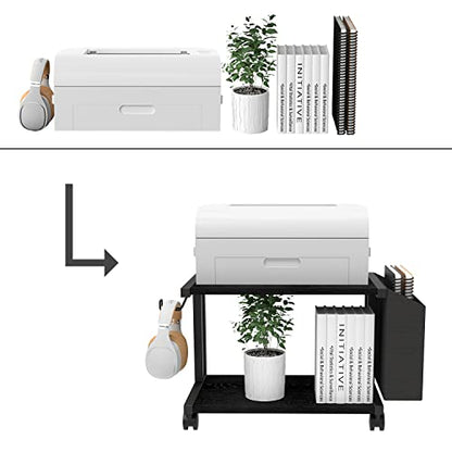 VEDECASA 2 Tier Black Printer Stand with Storage Bag for Home Office Desktop Printer Table Underdesk Organizer Mobile Printer Shelf with Caster Wheel (Black) - color: Black