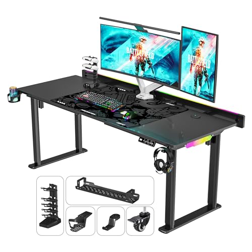 JWX 71-Inch Dual Motor 4-Leg Standing Gaming Desk with LED | Flip-up cable panel with rear LED strip and acrylic side lights creates soft desktop glow or immersive backlighting. - size: Flip Up-Black