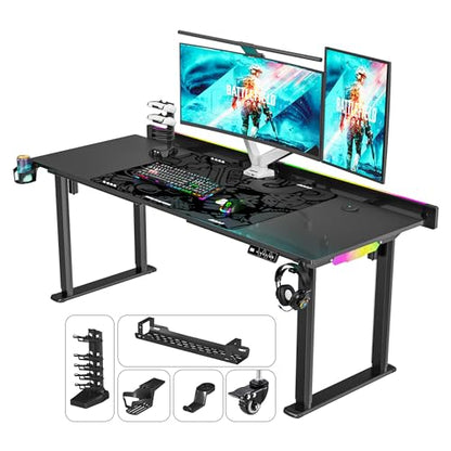 JWX 71-Inch Dual Motor 4-Leg Standing Gaming Desk with LED | Flip-up cable panel with rear LED strip and acrylic side lights creates soft desktop glow or immersive backlighting. - size: Flip Up-Black