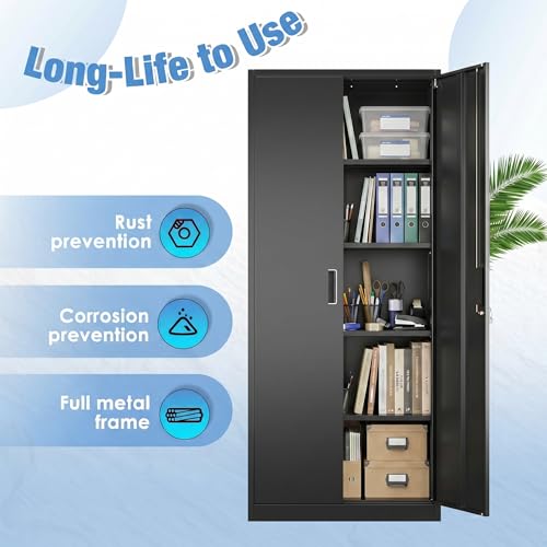71" H Metal Garage Storage Cabinet,Lockable Steel File Cabinet with 4 Adjustable Shelves,Assembly Required, Warehouse,Office,Home, Black - color: Black, size: 15.75" × 31.50" W × 70.87" H.