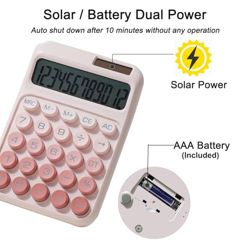 Desk Calculator, Cute 12 Digits Large LCD Display Merchanical Calculator Big Buttons for School,Office,Home,Business, Solar and Battery Dual Power, Battery Include (Pink) - color: Pink