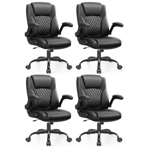 Leather Office Chair, PU Home Computer Desk Chairs with Ergonomic Back Support, 360°Swivel Free，Small Gaming Chair with Wheels and Adjustable Armrests, for Short People Use - color: Black, size: 4 Pack