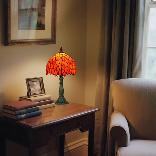 8 Inch Small Stained Glass Style Table Lamp with Remote Control, Orange - color: Orange Wisteria