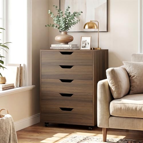 Giantex 5-Drawer Vertical File Cabinet, Mobile Office Storage Cabinet with Drawers, Large Capacity, 2 Lockable Casters and Universal Wheels, Under Desk Side Printer Stand Rolling File Cabinet (Walnut) - color: Walnut