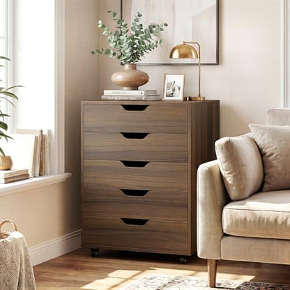 Giantex 5-Drawer Vertical File Cabinet, Mobile Office Storage Cabinet with Drawers, Large Capacity, 2 Lockable Casters and Universal Wheels, Under Desk Side Printer Stand Rolling File Cabinet (Walnut) - color: Walnut