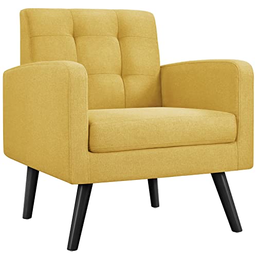 Yaheetech Mid Century Accent Chair Living Room Chair Yellow | Linen-Like Upholstered Sillones Para Sala, Modern Reading Nook Chair, Button Tufted Back, Rubberwood Legs, Bedroom Office - color: Yellow, size: set of 1