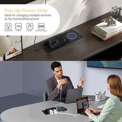 Table Pop Up Outlet Automatic Pop Up Strip Center Countertop Recessed Power Strip with 15W Wireless Charger + USB A + USB C + 2AC 5.9Ft Cord for Conference Desk Office Kitchen (Black-Wireless) - style: Black-Wireless