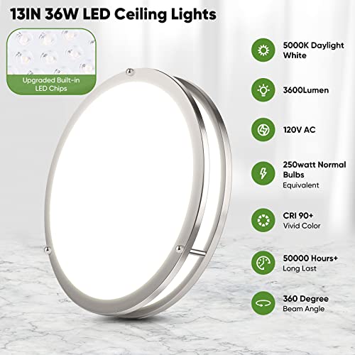 36W 3600lm Super Bright LED Light Fixtures, 2PACK Modern Flush Mount Ceiling Lights Daylight White 5000K, 13 Inch Dimmable Lamps for Kitchen Bathroom Hallway Bedroom, Brushed Nickle - color: Brushed Nickle-5000K-2, size: 13 inch