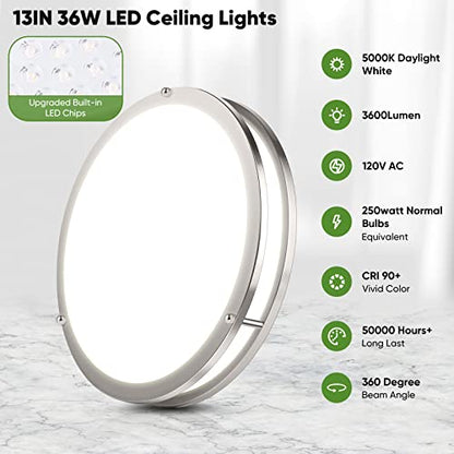 36W 3600lm Super Bright LED Light Fixtures, 2PACK Modern Flush Mount Ceiling Lights Daylight White 5000K, 13 Inch Dimmable Lamps for Kitchen Bathroom Hallway Bedroom, Brushed Nickle - color: Brushed Nickle-5000K-2, size: 13 inch