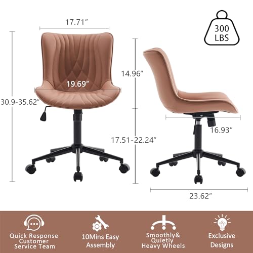 YOUTASTE Pink Modern Office Chair, Faux Leather Armless Desk Chair with Wheels, Height Adjustable, Swivel, Rocking, 300 lbs Capacity, Metal Base, for Home Office Vanity - color: Nude Pink