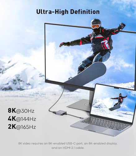 UANTIN USB C to HDMI 2.1 Adapter with 100W USBC Charging Port, Supports [8K, 4K@120Hz/60Hz HDR], 48Gbps Thunderbolt to HDMI Adapter Compatible for Laptop, iPhone 15/16, Switch 1/2, Steam Deck - size: 5.9inch
